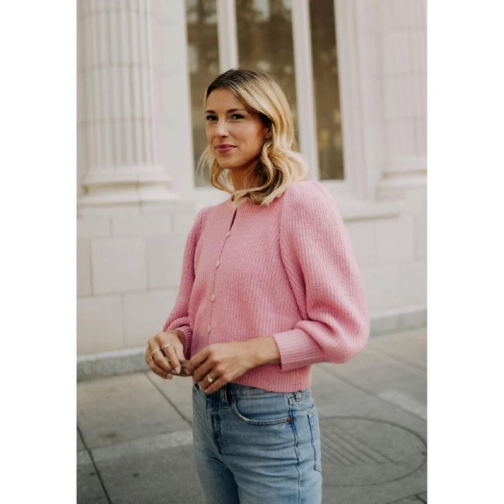 J. Crew | Wool Alpaca Baby Pink Puff Sleeve Cardigan Sweater ~ Large - Picture 4 of 11
